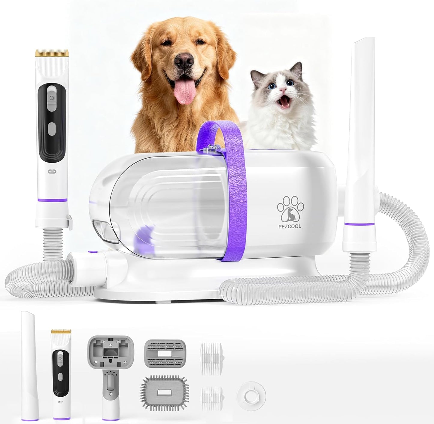 LOMMOL Dog Grooming Vacuum 6 in 1, Dog Grooming Kit with 2.2L Dust Cup, Clippers Dogs Vacuum with Dryer Function, Low Noise Upgrade Pet Grooming Vacuum with 6 Tools for Home Pet Hair, Purple