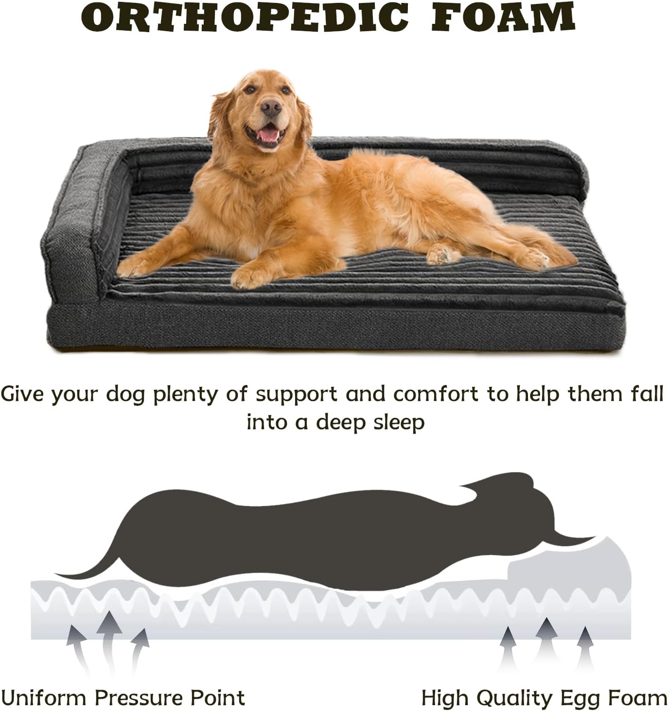 WINDRACING Orthopedic Dog Beds for Medium, Small Dogs, Waterproof Egg Foam Dog Sofa Bed with L Bolster Sides, Washable Medium Pet Bed with Removable Cover & Non-Slip Bottom, 31 x 25 inch, Gray