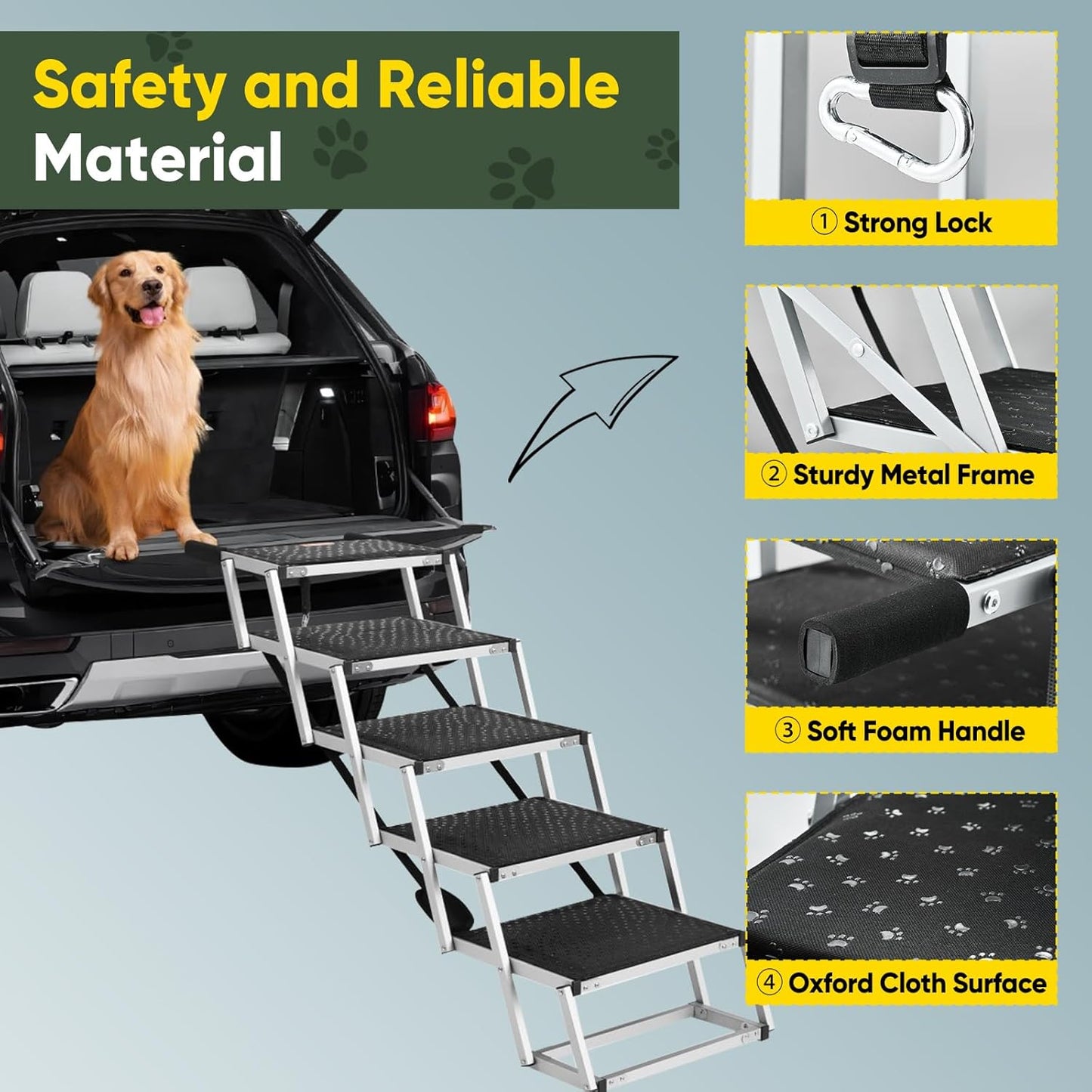 Dog Ramps for Car, 17.7inch Wide Foldable Dog Stairs with Non Slip Surface, Portable Pet Steps for SUV, High Beds, Truck, Support Up to 200lb, 5 Steps