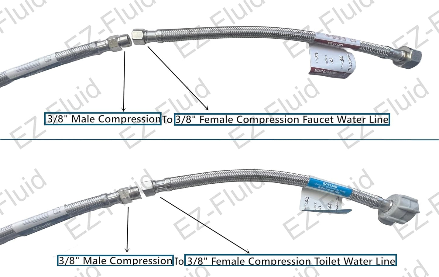 EZ-Fluid 12-Inch Faucet Supply Extension Line 3/8" Male Comp. To 3/8" Female Compression Stainless Steel Braided Faucet Extension Supply Hose Connector Lines,Fits Delta Faucet Plumbing Fitting(1-Pack)