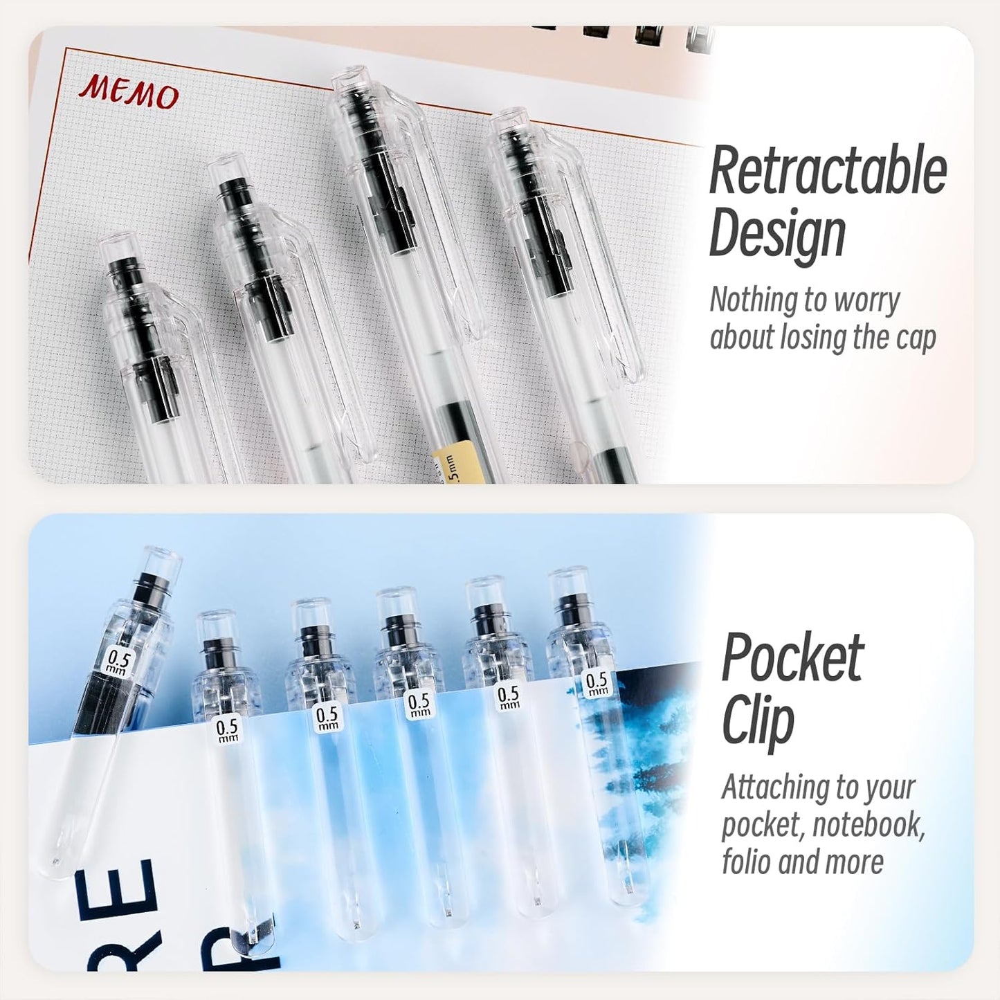 Retractable Gel Rollerball Pens, Japanese Style, Smooth Writing, Comfortable Grip, 0.5mm Fine Point, Black Gel Ink, For Journaling, Writing Pens, 12-Count Pack