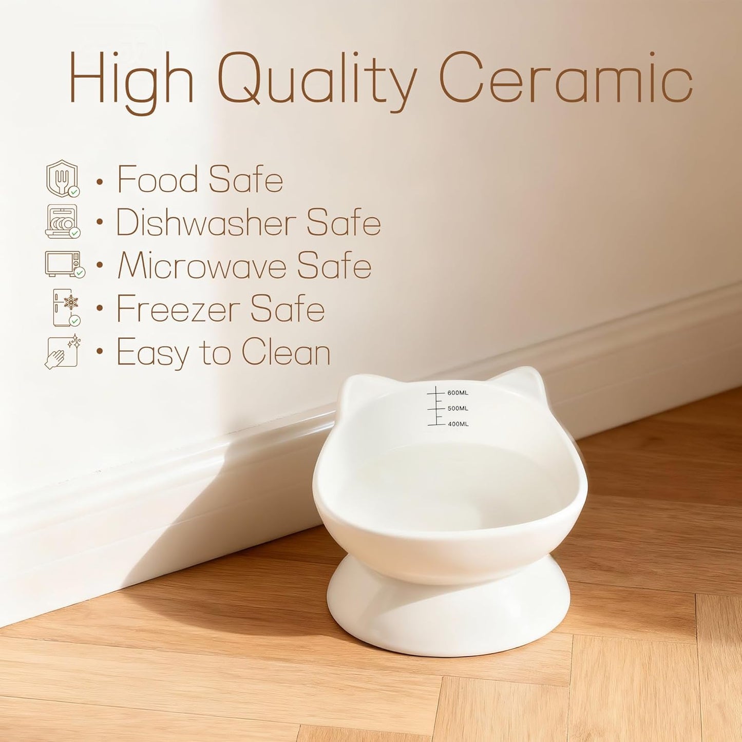 YOBRO Ceramic Elevated Tilted Cat Bowl with Scale Marks, Cute Cat Ear Pet Food or Water Bowl, Anti-Vomiting Spine Protection, Durable Feeding Dish for Kittens & Small Dogs, 21oz