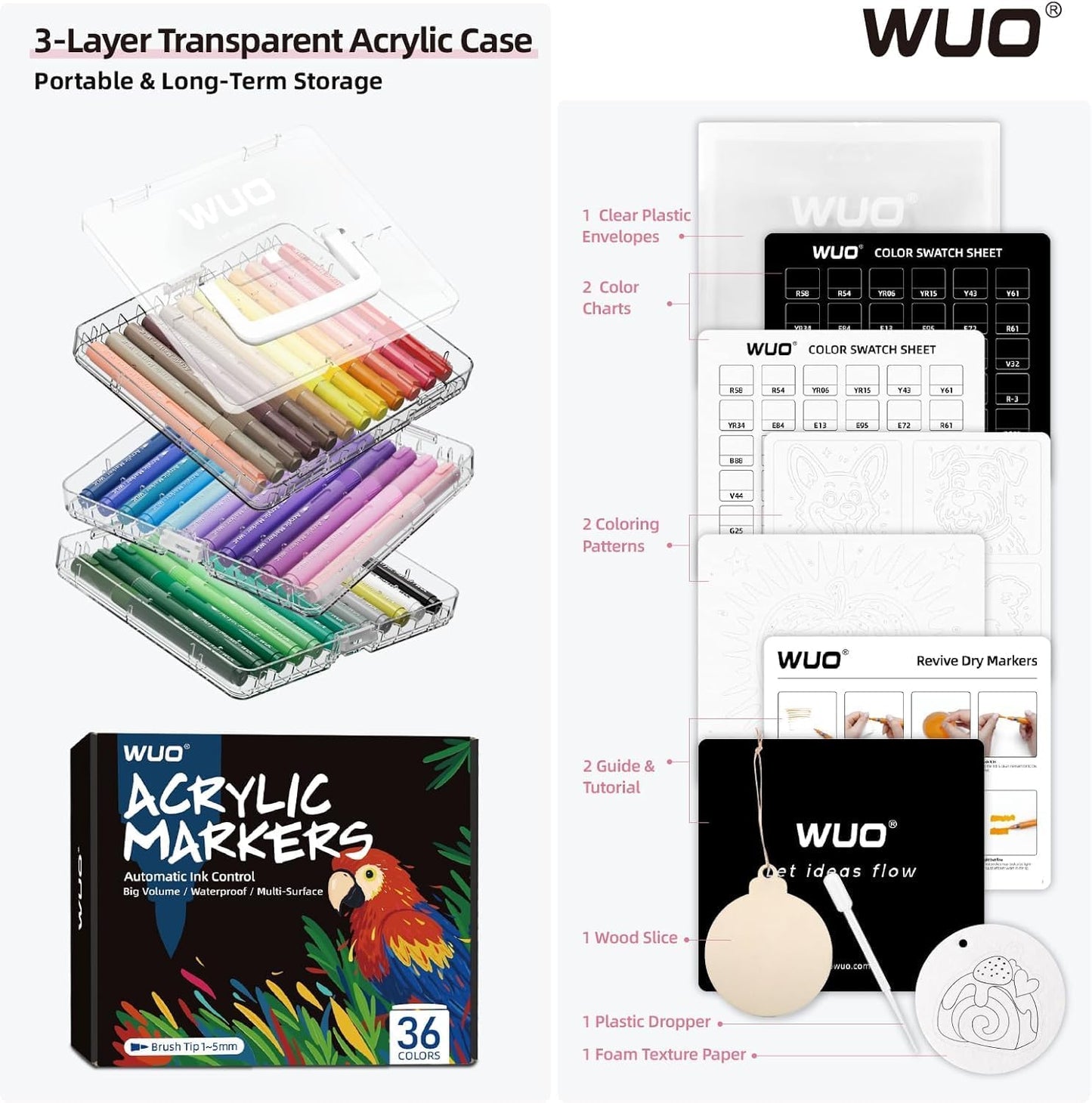 WUO 36 Colors Acrylic Paint Markers, Water-Based No-Bleed Markers, Automatic Ink Control Brush Tip for Multi-Surface Acrylic Paint Pens for Rock Painting, Wood, Canvas, Glass, DIY Art