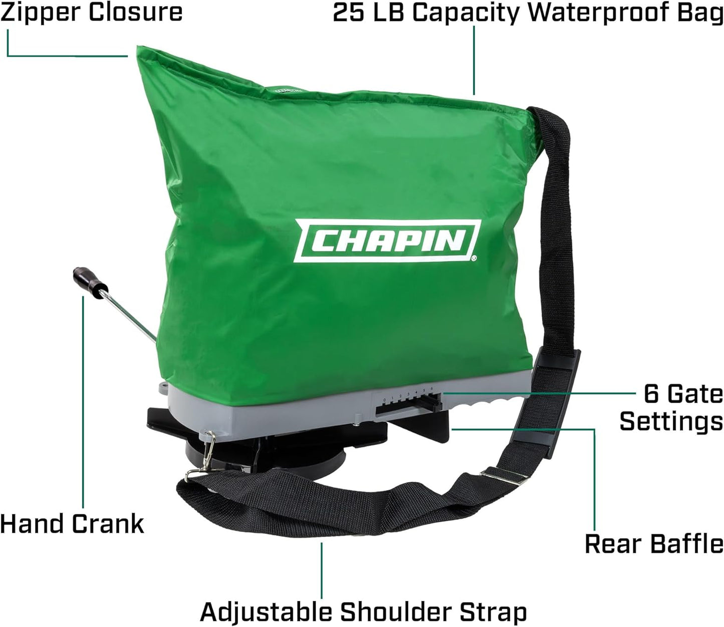 Chapin 84700G Spreader, Lawn and Garden, 25Lbs, Grass Seed, Fertilizers, Granular Material, Handheld, Bag Seeder, Waterproof, 6 Settings, Enclosed Gears, Rear Baffle, Adjustable Gravity Flow