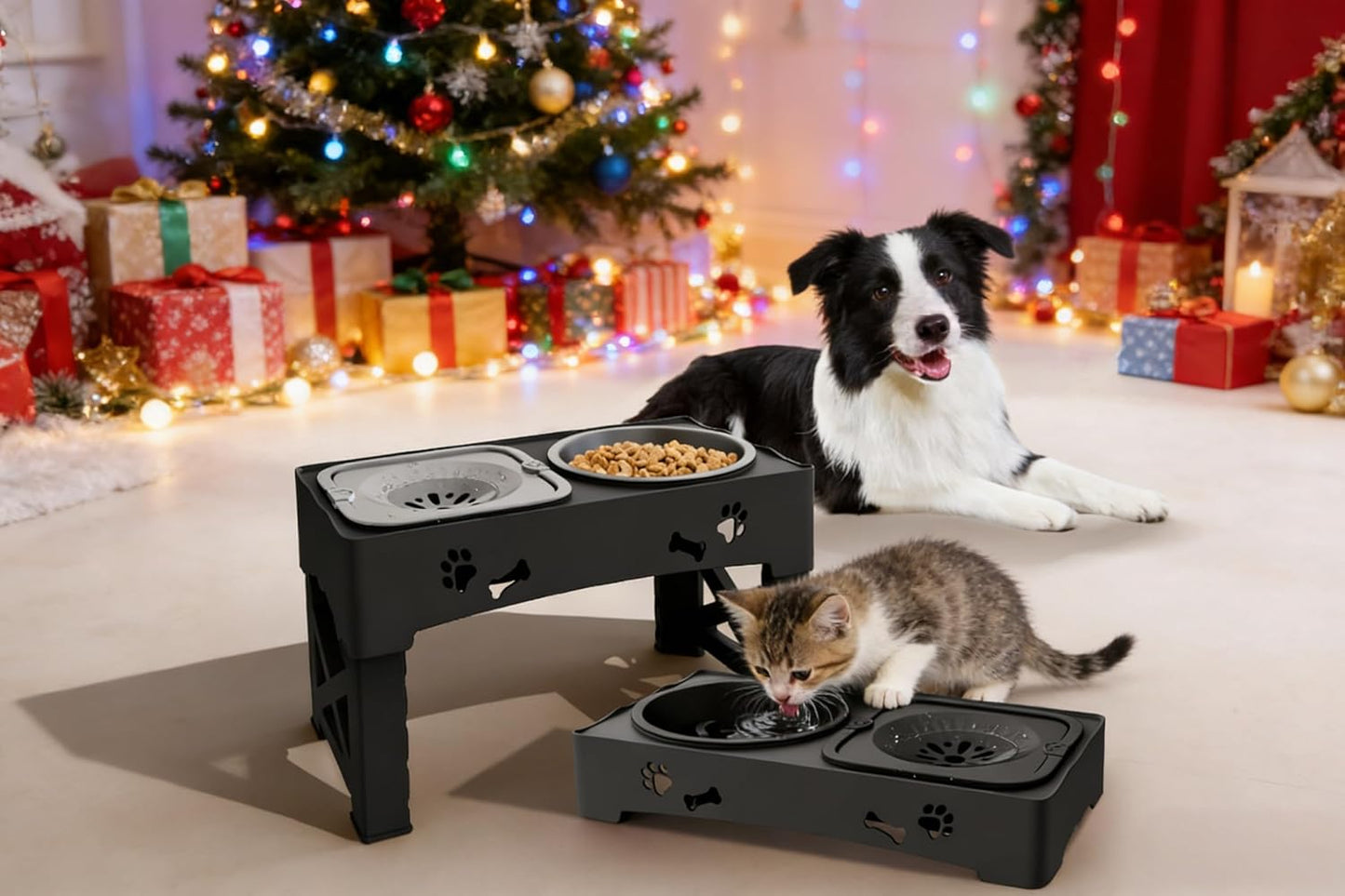 Kaiyue 2-in-1 Elevated Slow Feeder Dog Bowls Stand with No Spill Water Bowl, 5 Height Adjustable Raised Dog Bowls ，Non-Skid Pet Food Feeding Set for Small to Large Dogs