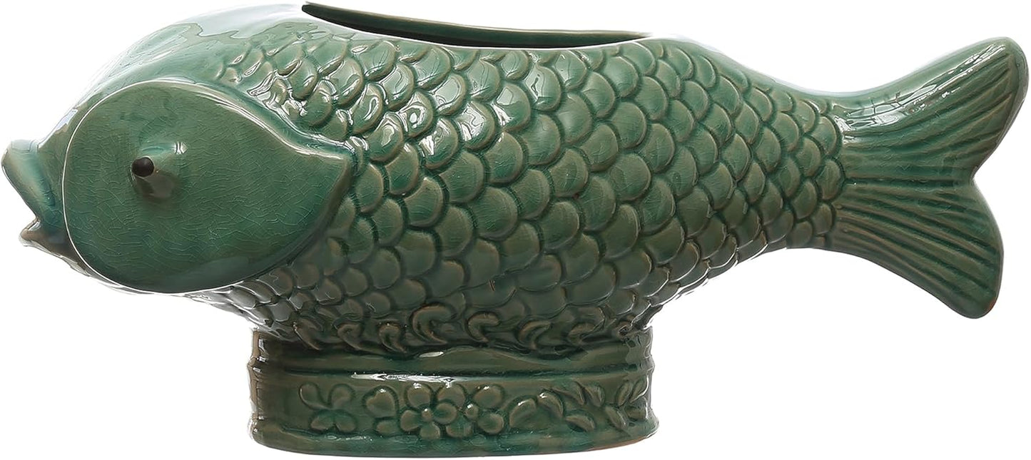 17 Inches Debossed Stoneware Fish Planter, Reactive Glaze, Holds 7 Inches Pot, Turquoise