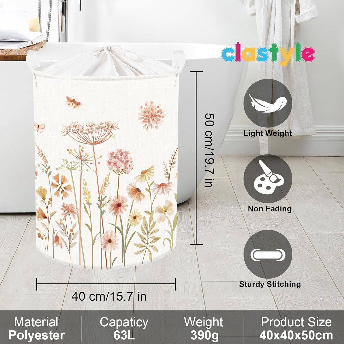 Clastyle 63L Large Boho Flower Plants Kid Laundry Hamper with Handle Girl Bedroom Bathroom Nursery Collapsible Clothes Toy Storage Basket with Lid
