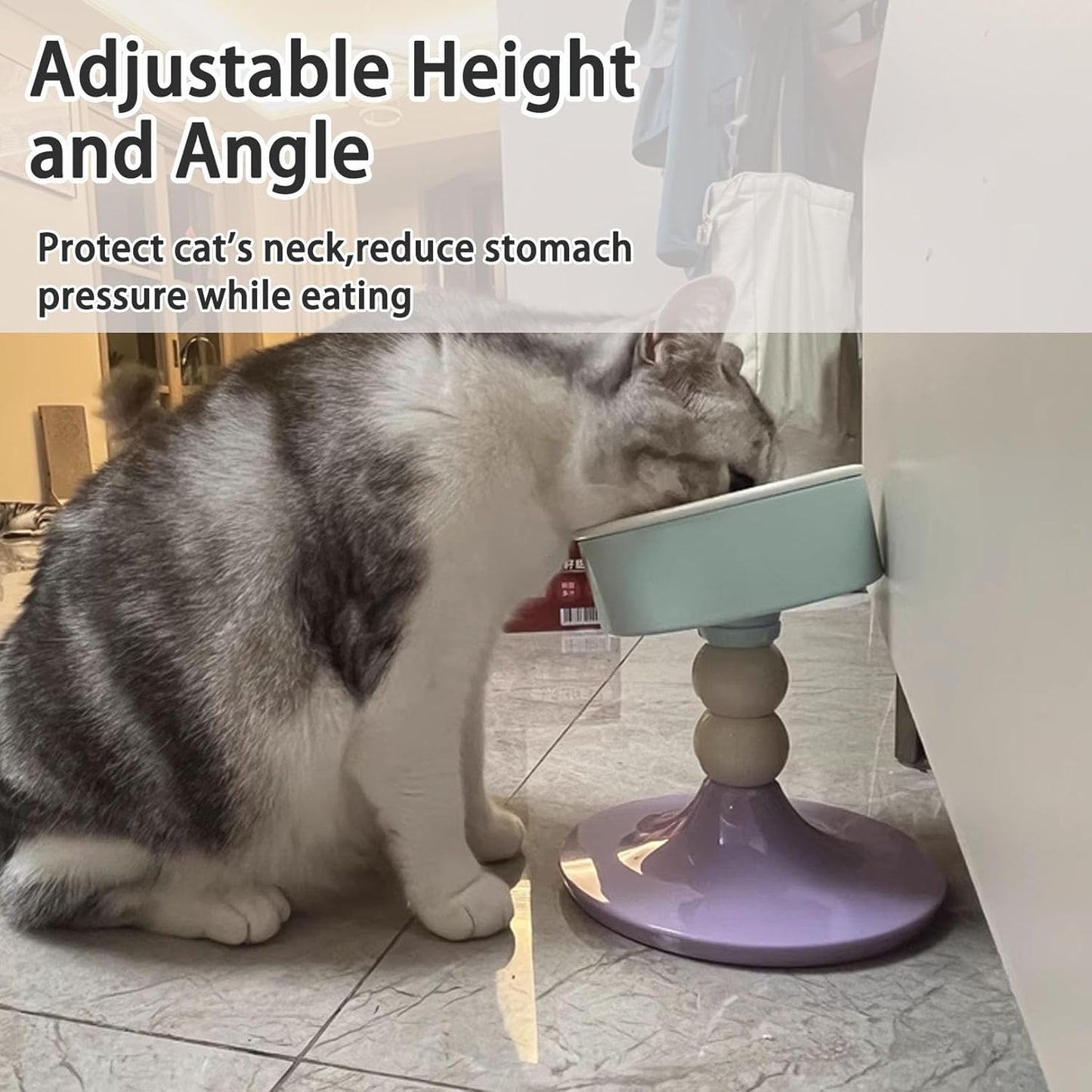Elevated Cat Bowls, Slanted Ceramic Cat Bowl for Indoor Cats Adjustable Height Kitten Food Bowl Non-Slip Neck Protection Adjusts to 4.69", 5.98", 7.28" (Lavender Mint, S)
