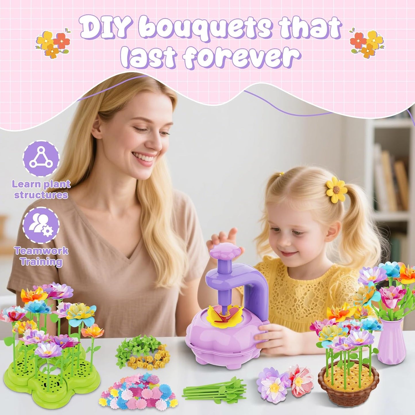 Zappyway Fabric Flower Bouquets Toys - Creative DIY Crafts for Girls Ages 4-8, Unique Floral Market Toy, Inspiring Arts & Crafts Educational Set, Perfect for Preschool Learning and Birthday Gifts