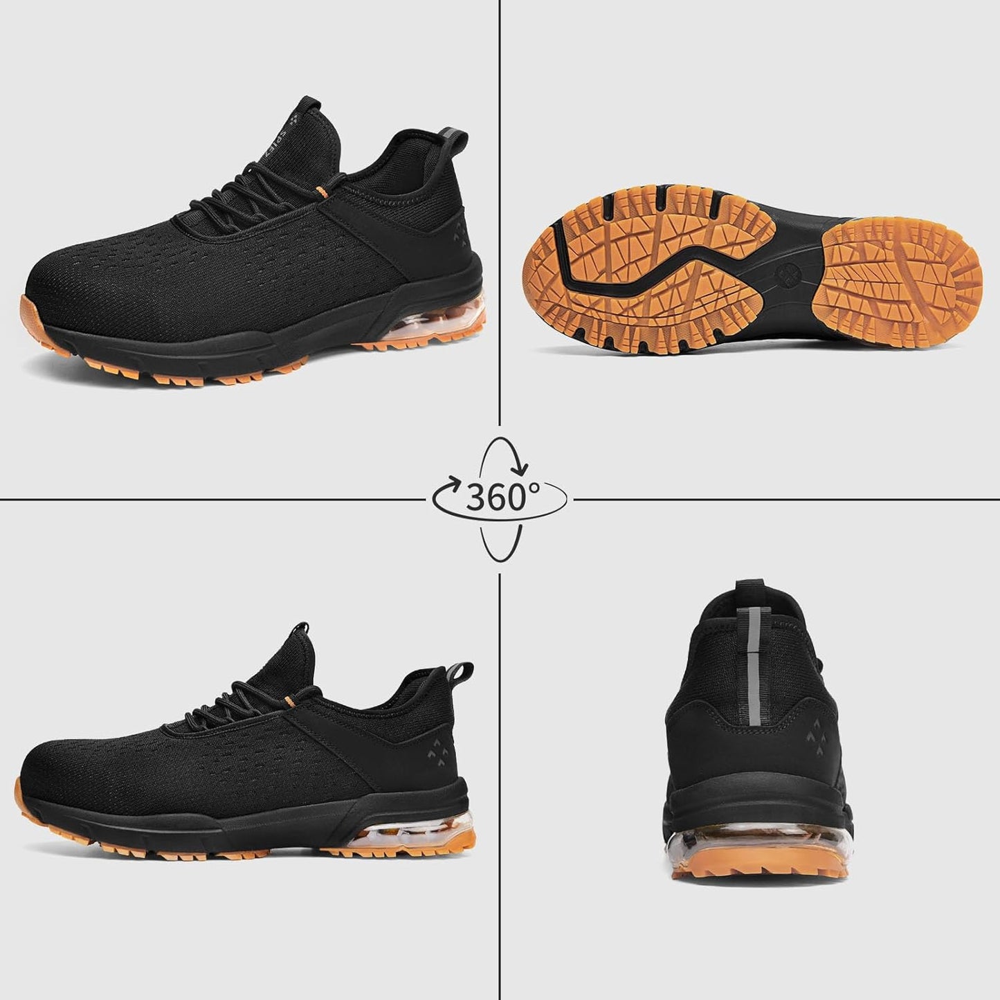 SPIEZ Safety Shoes for Men Women - Air Cushion Non-Steel Composite Toe, Lightweight Fashion Sneaker Design,Slip-On with Adjustable Laces, All-Day Protection, Black Orange US 6-13.5