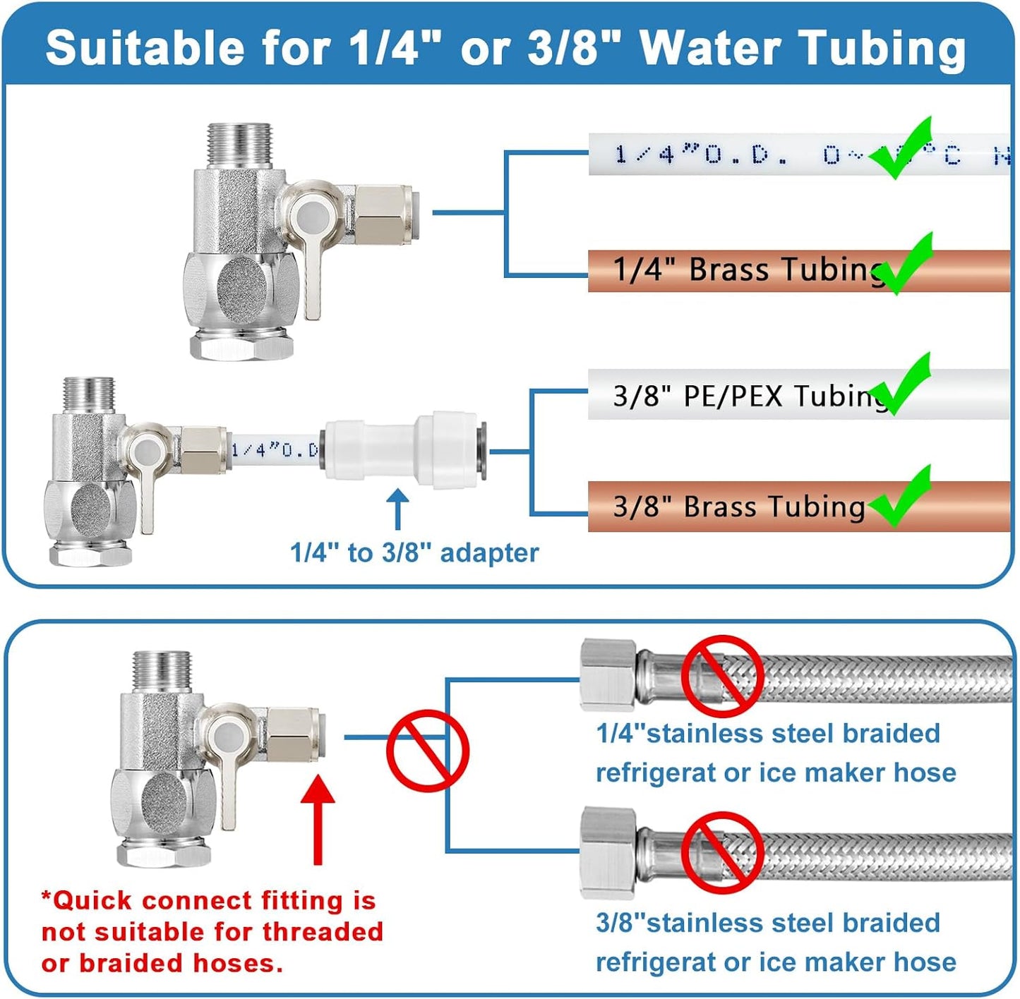 HAOCHEN Feed Water Adapter - Water Line Splitter 3/8"x3/8"x1/4" or G 1/2"xG 1/2"x1/4", Brass Water Supply Valve with 1/4" Push in Quick Connect fitting for RO Filter，Refrigerator,Ice Maker