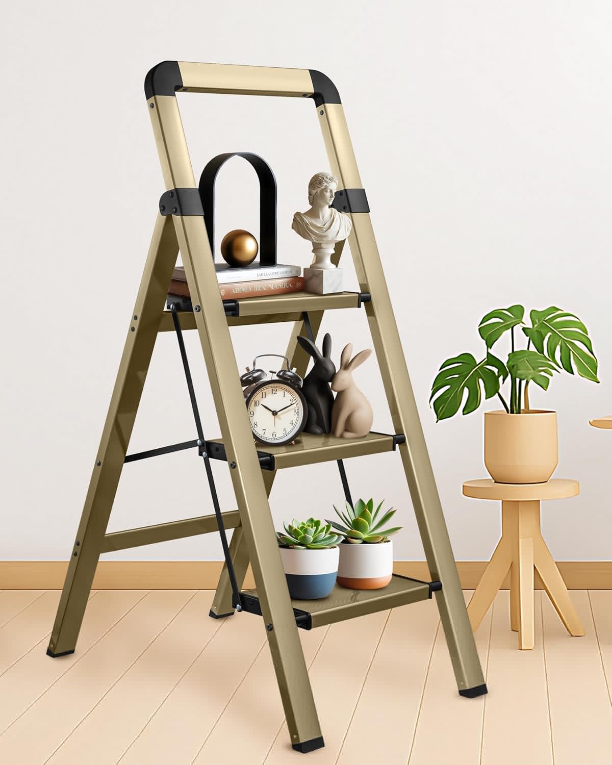 Step Ladder Folding 3-Step Champagne Gold Finish Aluminum Foldable Step Ladders,Anti-Slip for Home & Kitchen Office 330 lbs