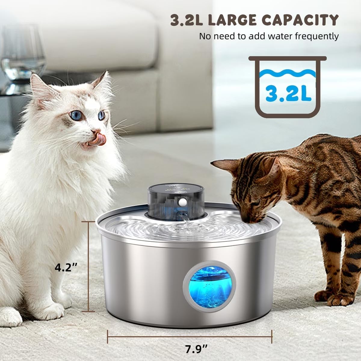 Casfuy PWL-003 Smart Motion Sensor Cordless Stainless Steel Dog & Cat Water Fountain, 108-oz