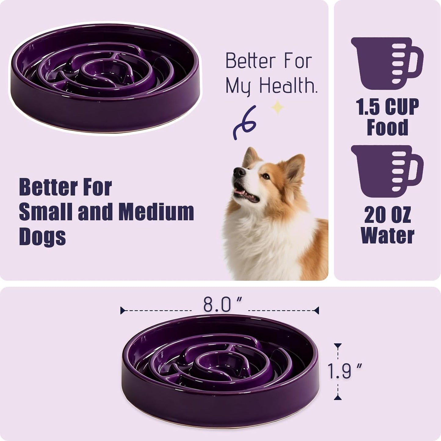 Purple Ceramic Slow Feeder Dog Bowl,1.5 Cups Pet Slow Feeder for Small and Medium Breed,Puzzle Dog Food Dish,Anti-Gulping,Stop Bloat,Preventing Choking