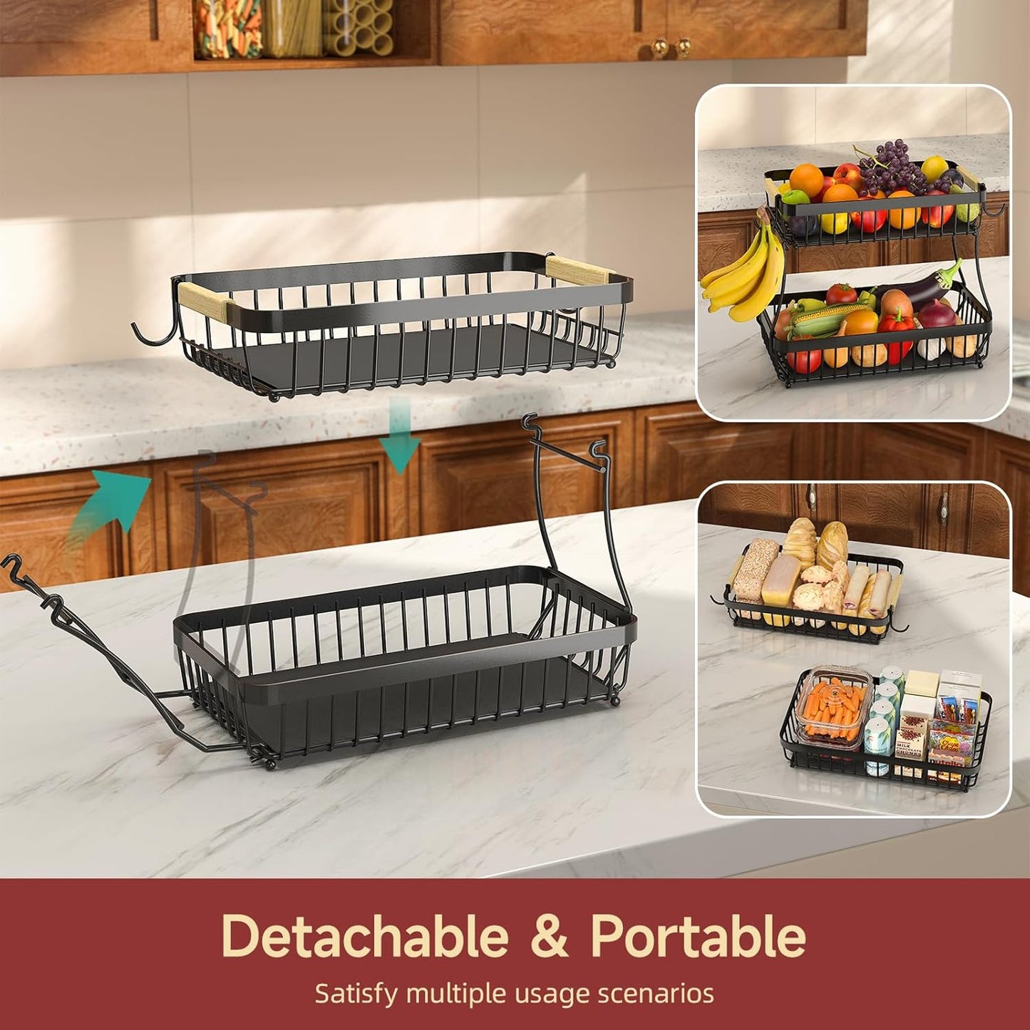 2 Tier Large Fruit Basket for Kitchen Counter with 2 Mobile Banana Hangers, 2026 Pro Detachable Metal Fruit Bowl with Wooden Handle, Fruit Holder for Bread Snack Veggies with Protective Mats