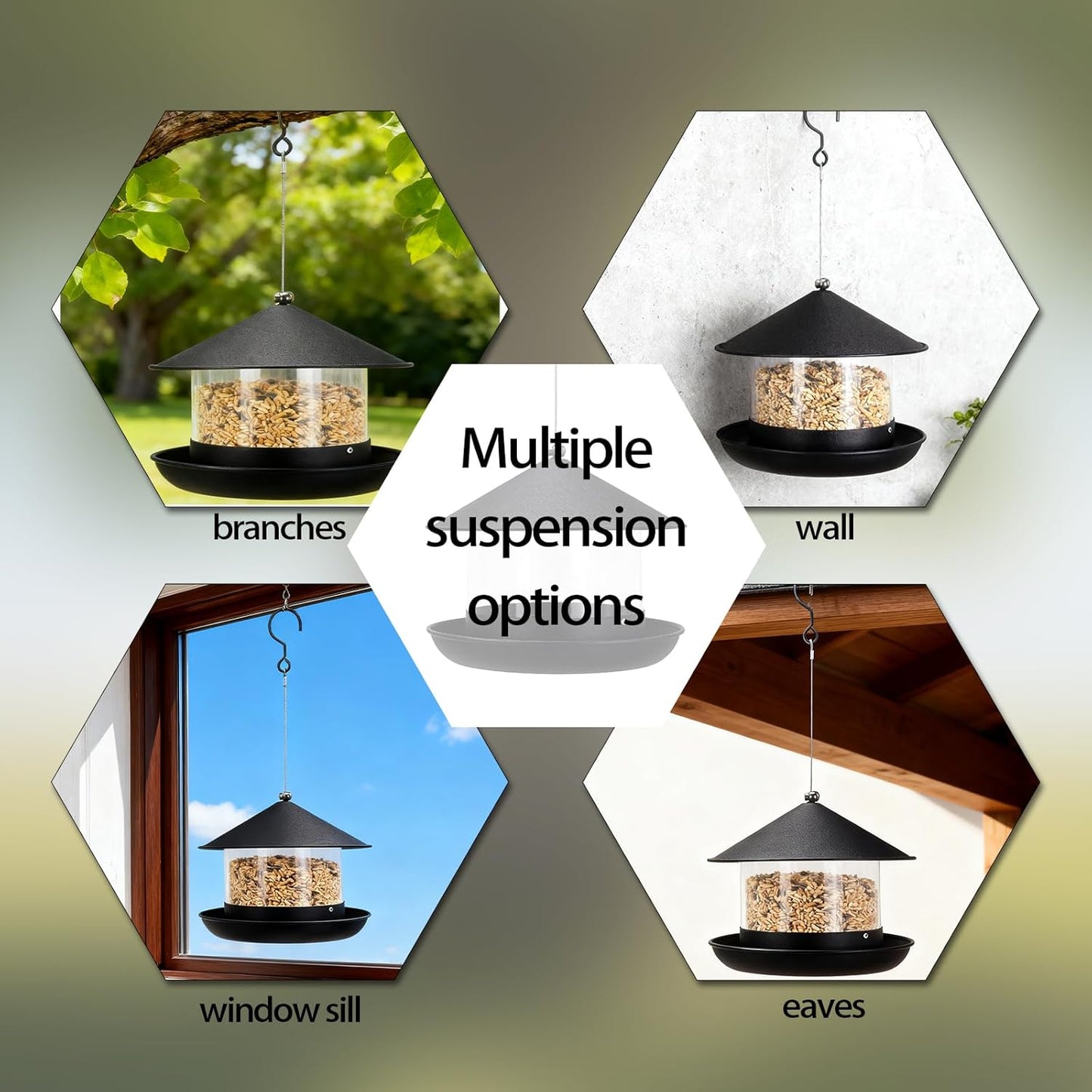 Wild Bird Feeder, Large Capacity Hanging Bird Feeder with Multiple Suspension Options, Black (Black)