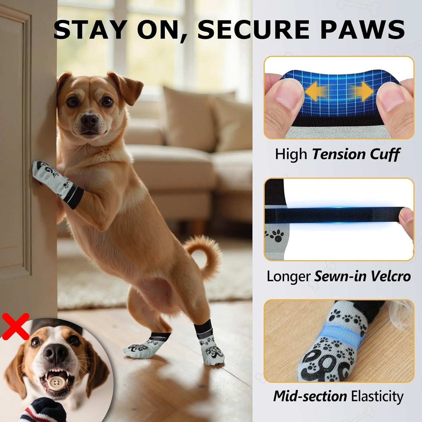 Anti Slip Dog Socks to Prevent Licking Paws - Double Side Paw Covers Dogs Grip Sock for Hardwood Floors, No Twist Dog Booties Grippy Socks for Small Medium Large Senior Dogs, Light Grey and Black, L