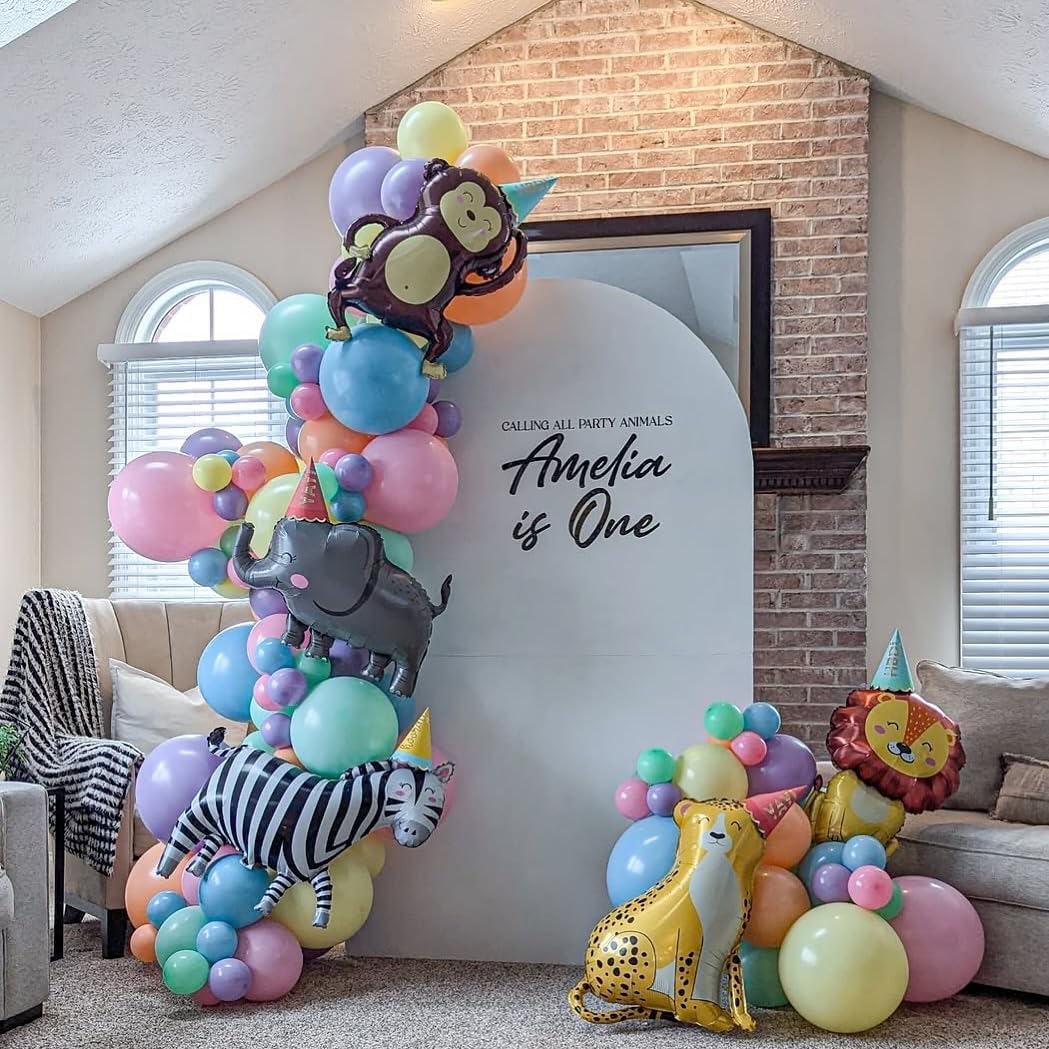 Cute Animal Balloon Garland Arch,152Pcs Colorful Balloons with Zebra Elephant Giraffe and Lion Foil Balloons for Baby Shower Kids' Woodland Animals Zoo Theme Birthday Party Supplies Decorations