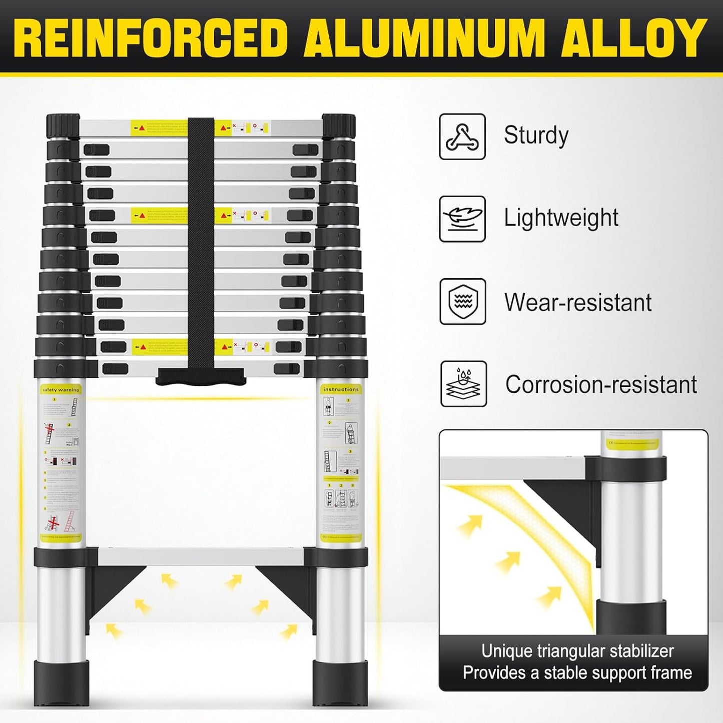 Telescoping Ladders,12.5 FT Aluminum Telescopic Ladder with Triangle Stabilizers and Non-Slip Feet,Portable Collapsible Extension Ladder for Home,RV,Outdoor Work,330lbs Max Capacity