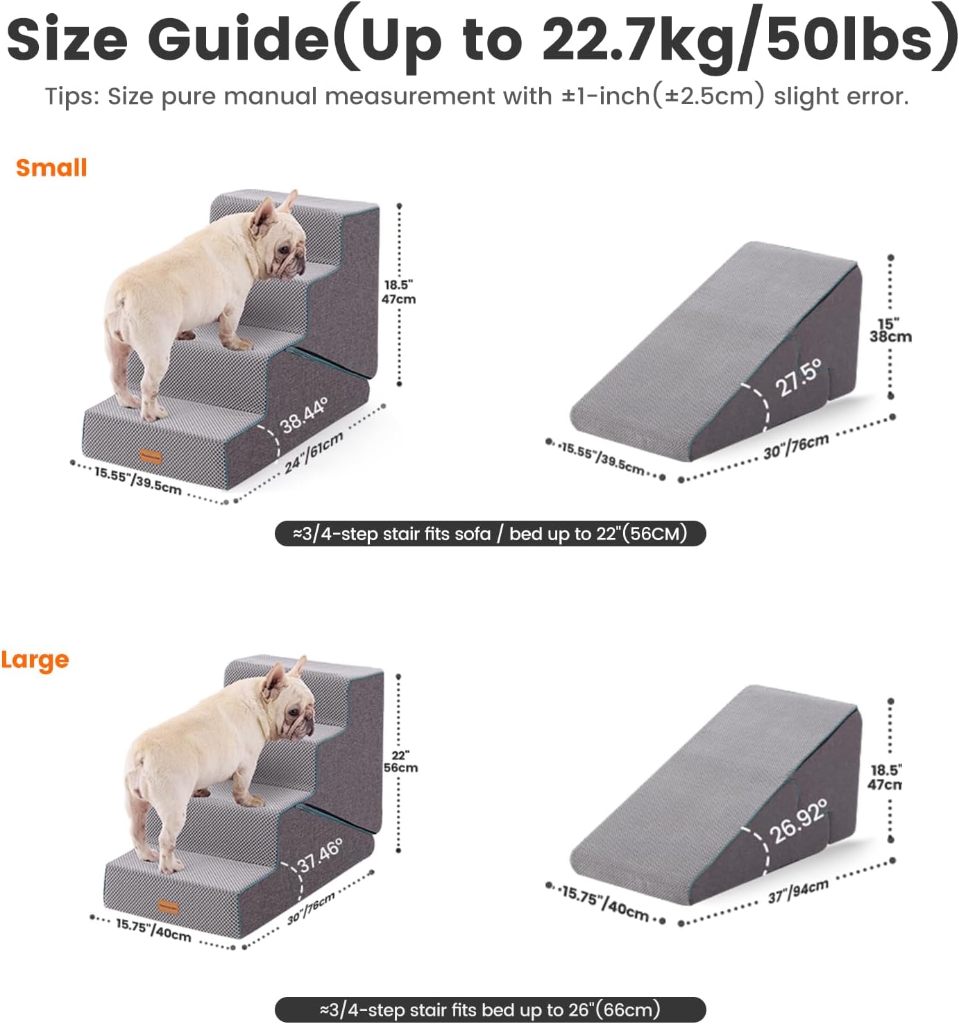 Gardner Pet Dog Stairs for Small Dogs 18.5" H, Small 2 in 1 Transformable 4-Step Pet Stairs and Dog ramp, Steps for Couch with Durable Non-Slip Waterproof Fabric Cover and Soft Foam, Grey