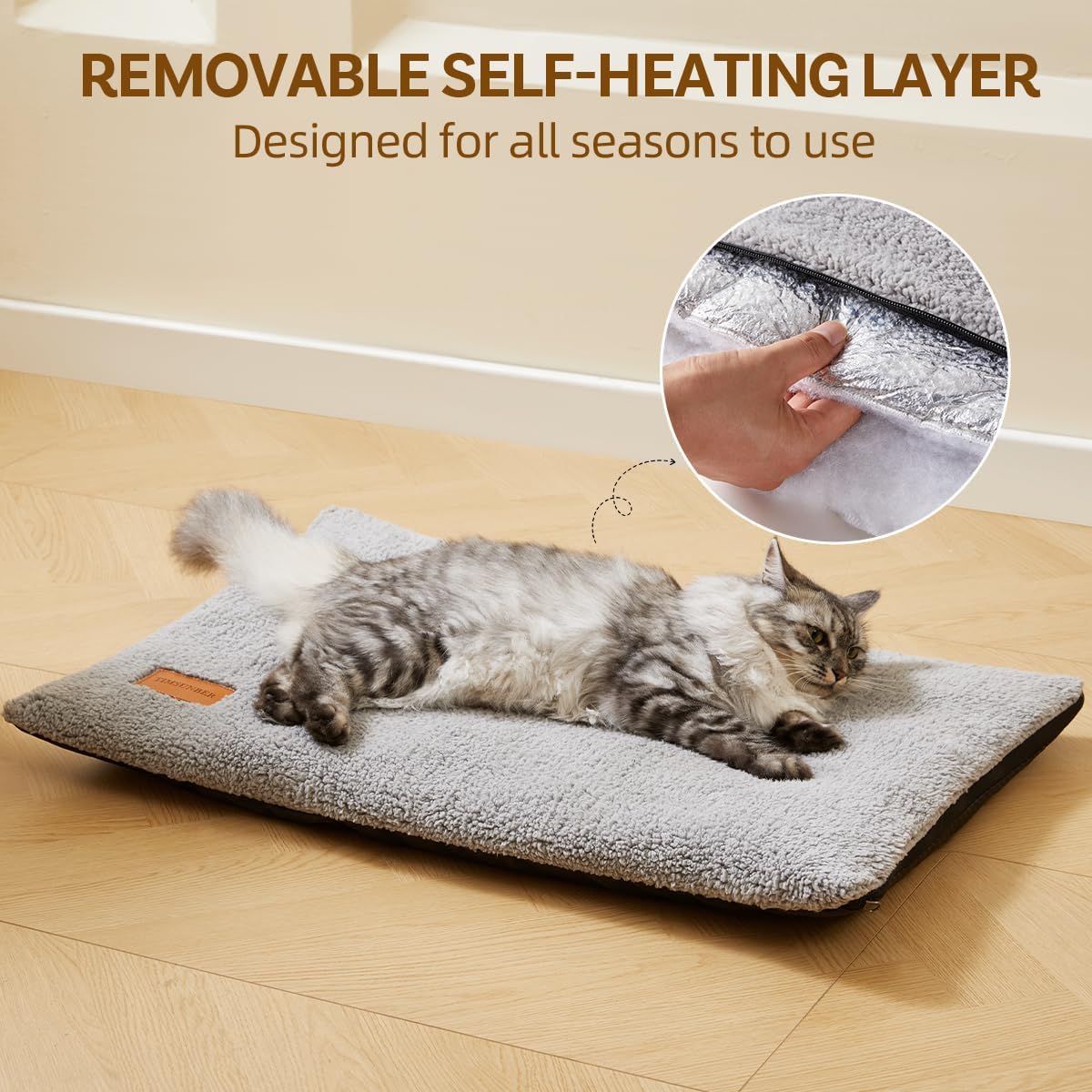 Self Warming Cat Bed Self Heating Pad 24 x 18 inch Thermal Pet mat for Indoor Outdoor Pets Double Filled Cat Mat with Washable Removable Cover Non-Slip Bottom (Light Gray)
