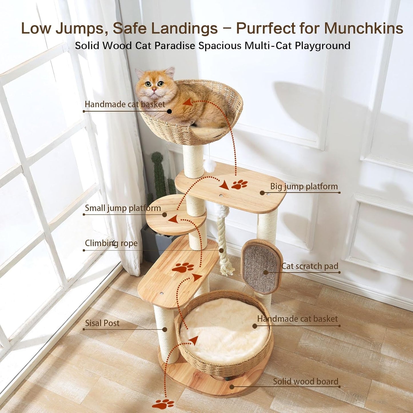 Wooden Cat Tree for Large Cat, 49.6IN Tall Cat Tower with Scratching Post for Indoor Cats, Multi-Level Cat Condo with Hand-Woven Cat Bed and Scratching Board Easy to Clean