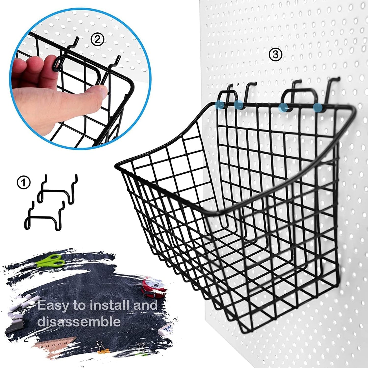 LIGHT DUST 3-Pack Pegboard Baskets with Hooks, Wall Organizer Hooks Assortment, Workbench Storage System for Hardware, Attachments, Accessories