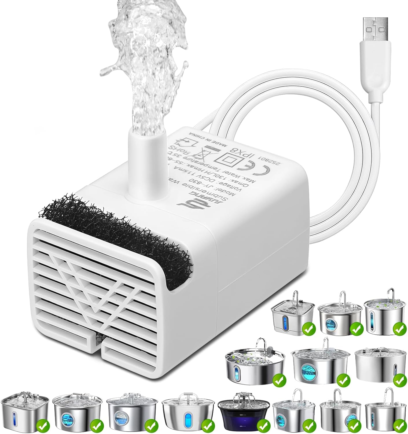 Cat Water Fountain Pump, Ultra Quiet JY-830 Replacement Pump for Stainless Steel Pet Fountain, Replacement USB Motor for Indoor Cat Water Drinking Dispenser, 4.92ft Cable, Long Lifespan