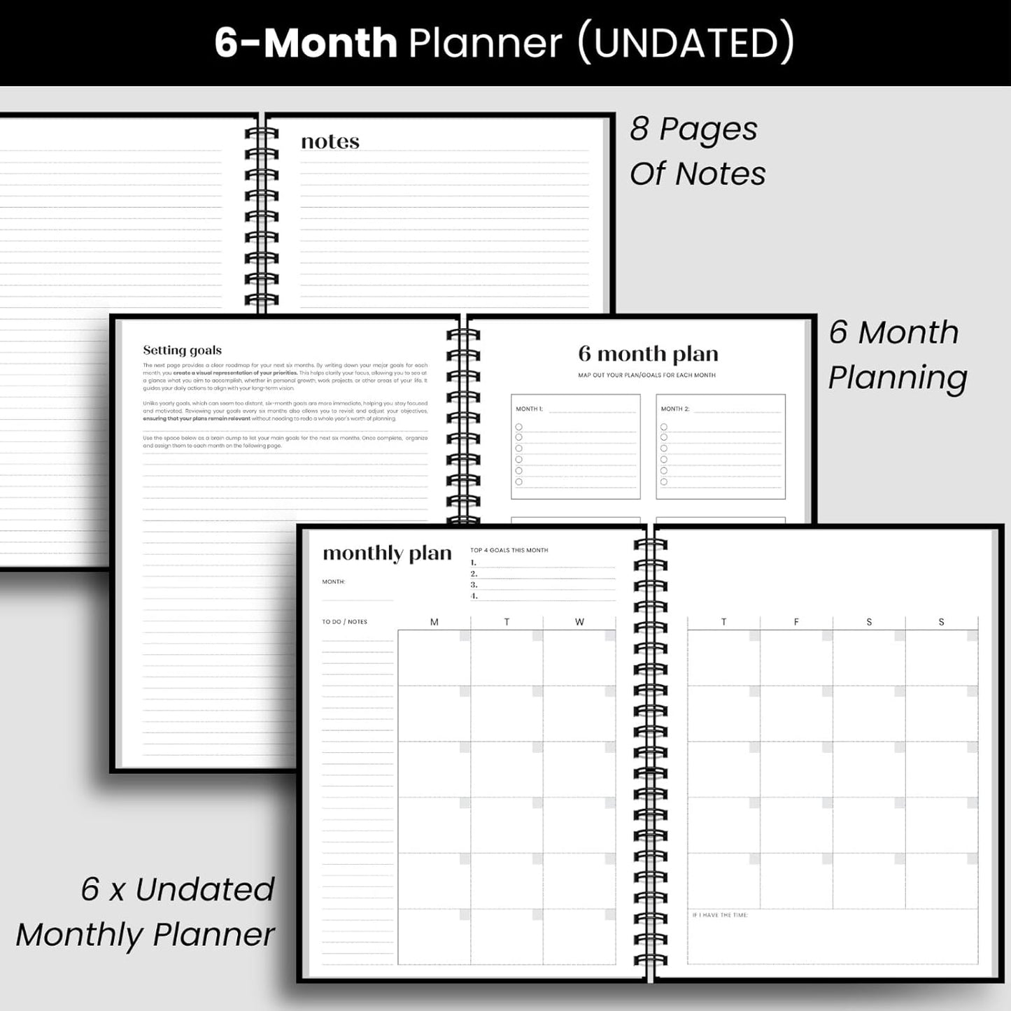 Undated Daily Planner | 2026 Calendar | Large Daily and Monthly Planner with Hourly Schedule, 8.5" x 11" | 6 Month, Full Page a Day, To do List, Time Blocking, Black Aesthetic Hardcover Spiral Notebook