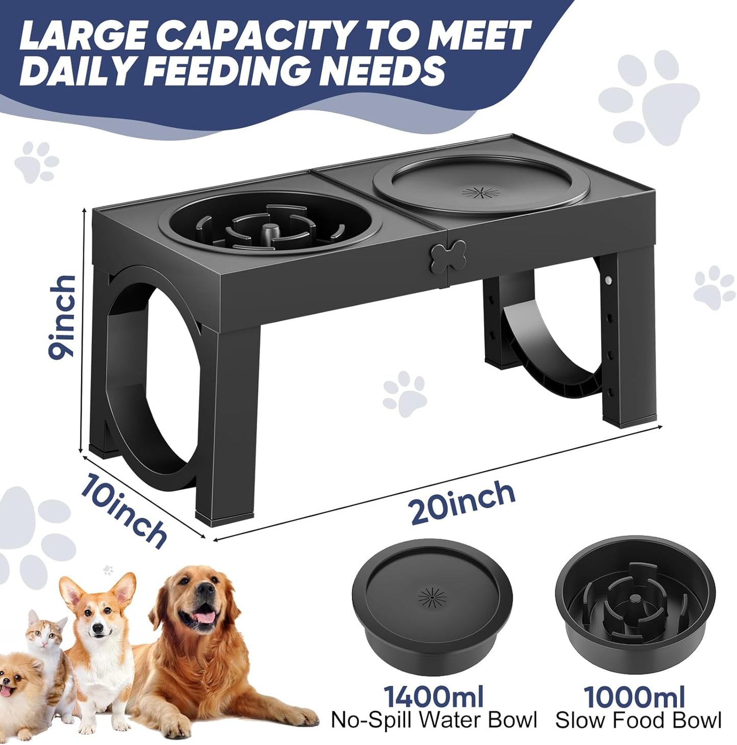 XIAZ Slow Feeder Dog Bowl Stand - Elevated Dog Food and Water Bowl Set for Large Medium Sized, 5 Heights Adjustable, Non-Slip, Durable, Prevents Bloating & Improves Digestion Blue