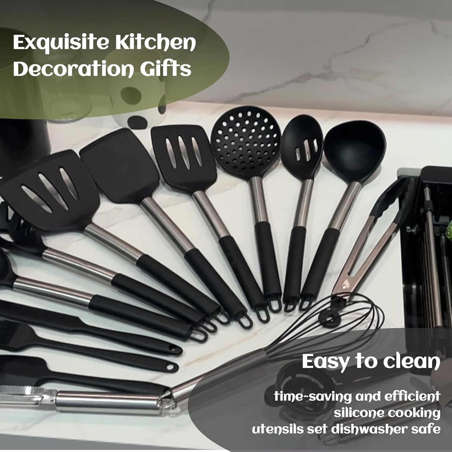 40 Pcs Kitchen Utensils Set Silicone Cooking, 446℉ Heat Resistance Stainless Steel Metal, Spaghetti Spoon Cookware Utensils, Rubber Tools Nonstick Kitchenware Can Dishwasher Safe