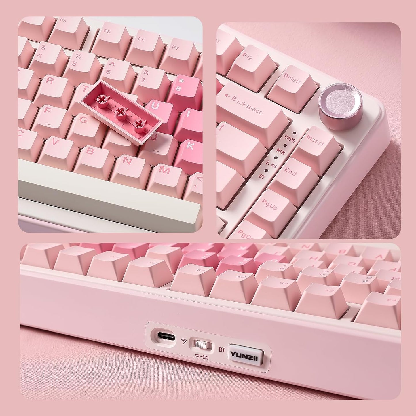YUNZII B75 PRO Wireless Mechanical Keyboard,75% Layout with Knob,Hot Swap Gasket Custom Structure,Creamy Pre-lubed Switches,RGB Backlit,Bluetooth/Type-C/2.4G for Win/Mac(Milk Switch,Pink)