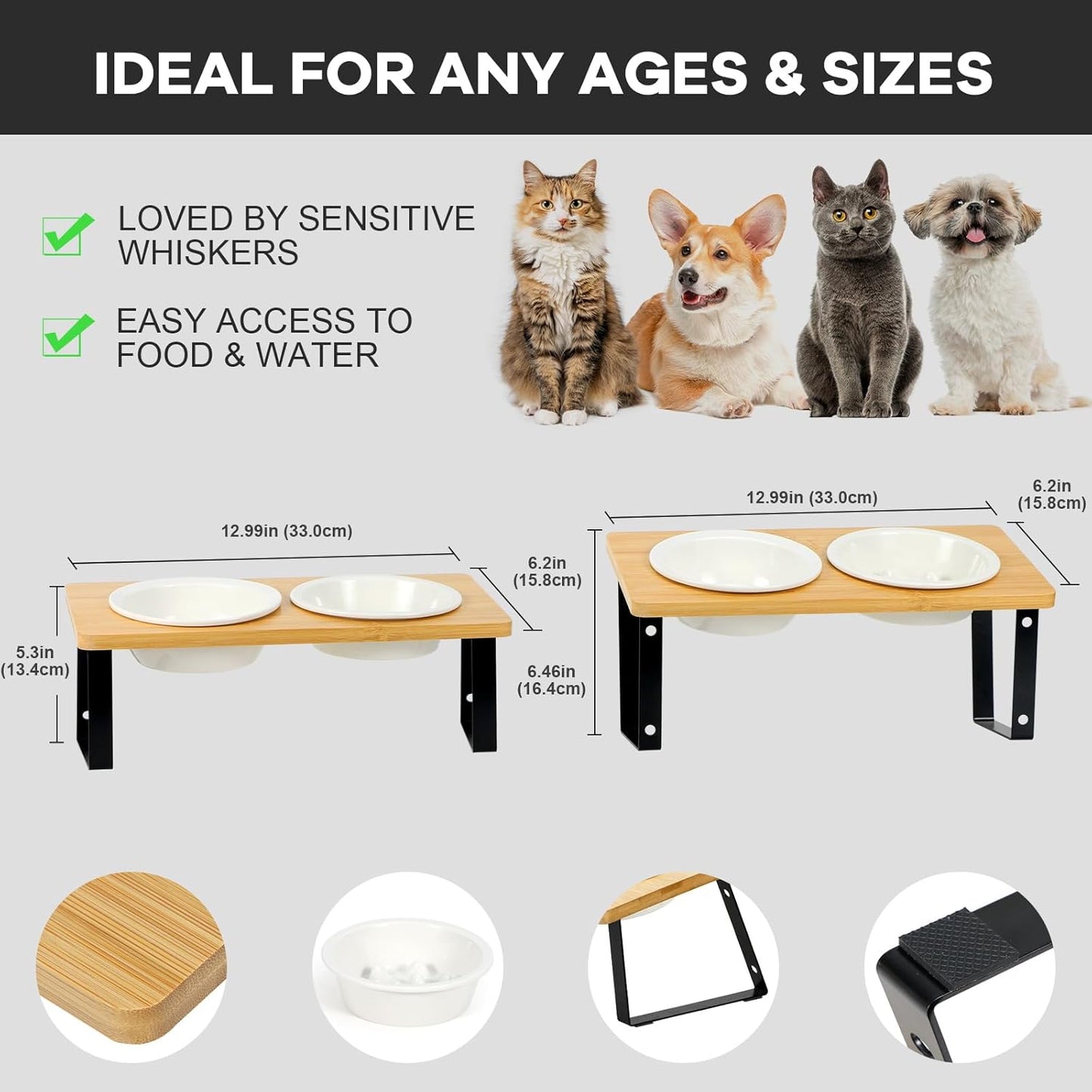 Upgraded Adjustable Height Cat Food Bowls Stand Ceramic Dog Bowls and Slow Feeder Cat Bowl, 15°Tilted Stand Anti Vomiting Raised for Small and Medium Sized Cats Dogs (Creamy White)