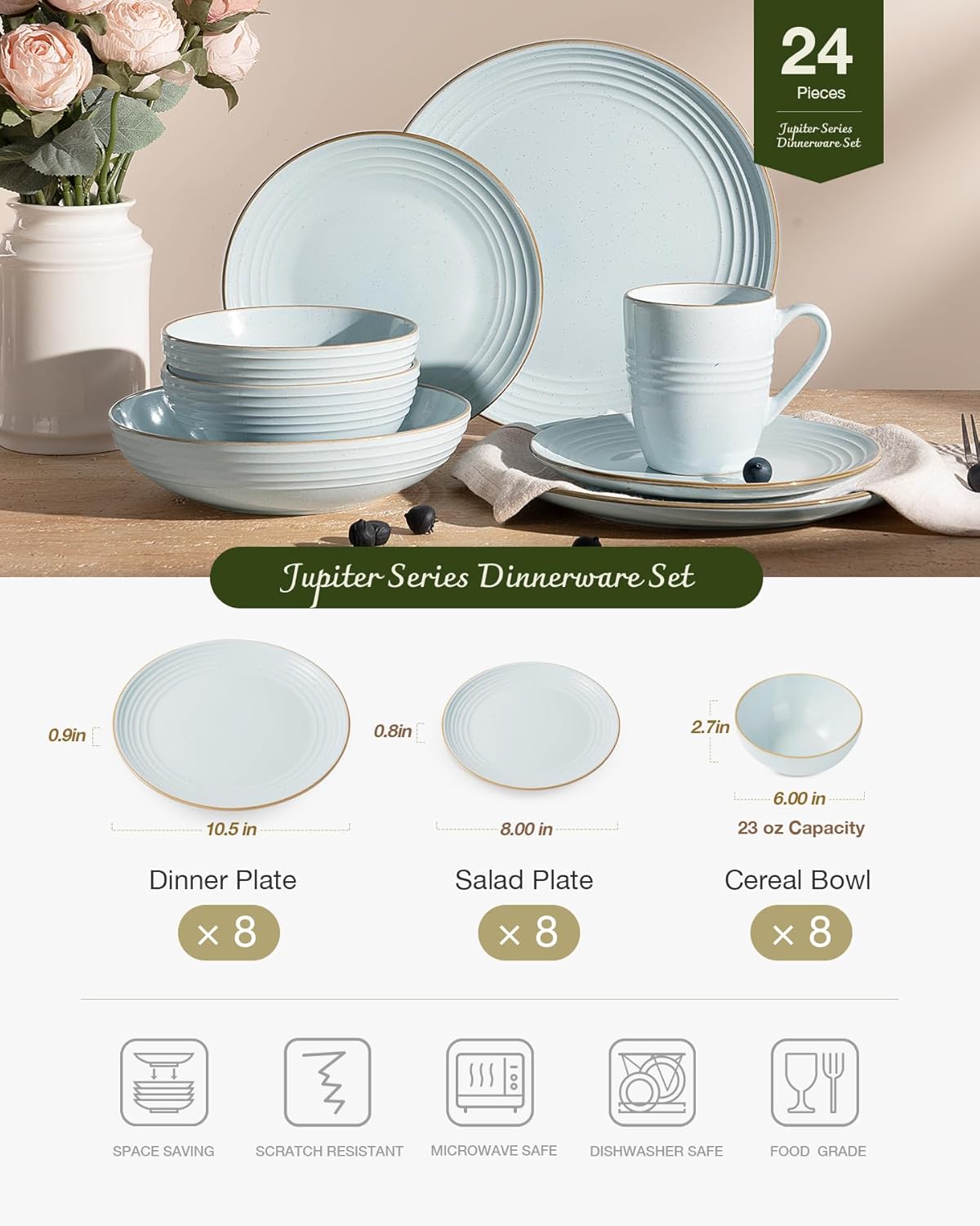 Famiware Jupiter Stoneware Dinnerware Sets, Handcrafted Plates and Bowls with Embossed Swirl & Speckles, Blue - Chip & Scratch Resistant, Dishwasher Microwave Safe Minimalist Dishes for 8 (24-Piece)