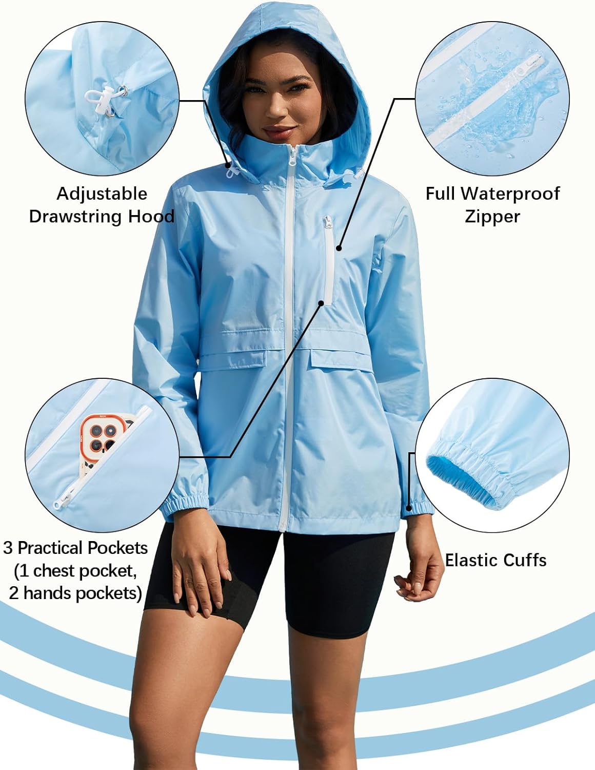 Women's Rain Jacket Waterproof Lightweight Packable Raincoat with Hood for Golf Hiking Travel Windbreaker
