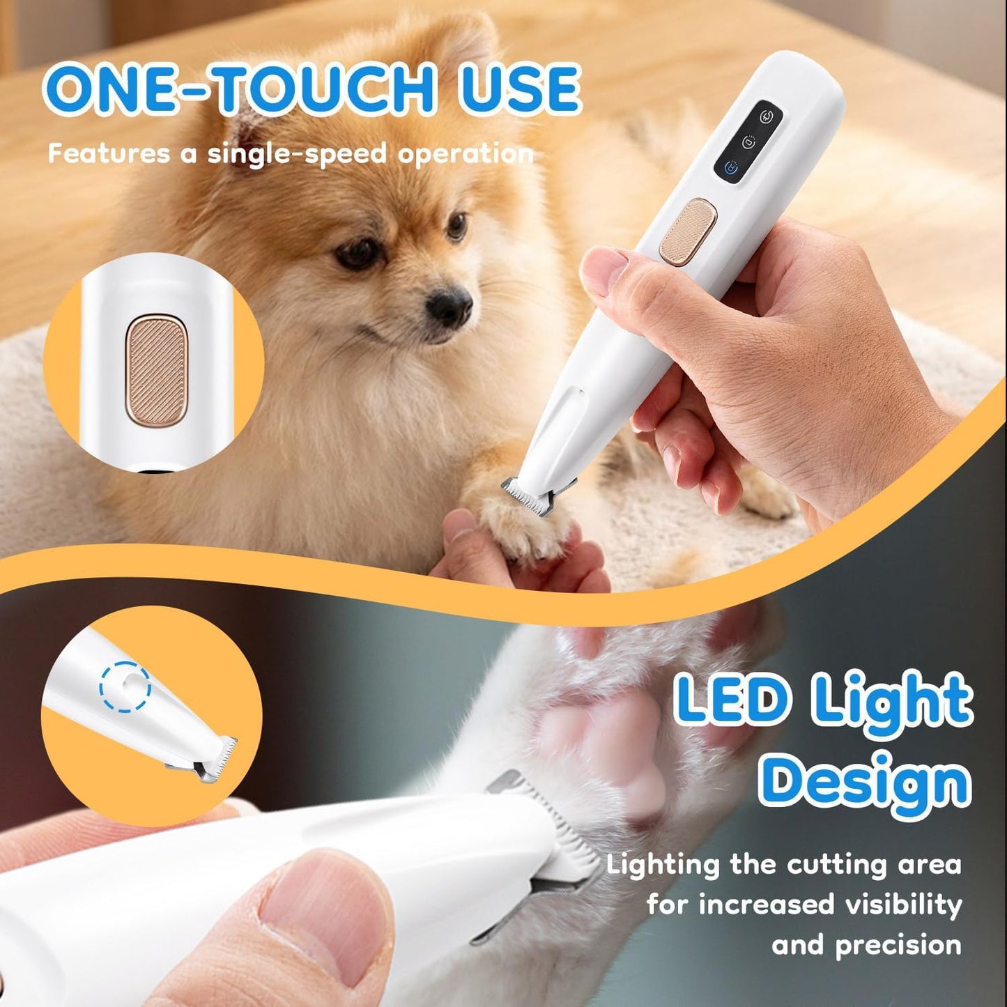 Mcbazel Pet Micro Precision Trimmer, Multifunctional Pet Hair Trimmer Waterproof Rechargeable Shaver with LED Light for Paws Eyes Ears Face Buttocks for Small Dogs and Cats，50dB Quiet Shave.