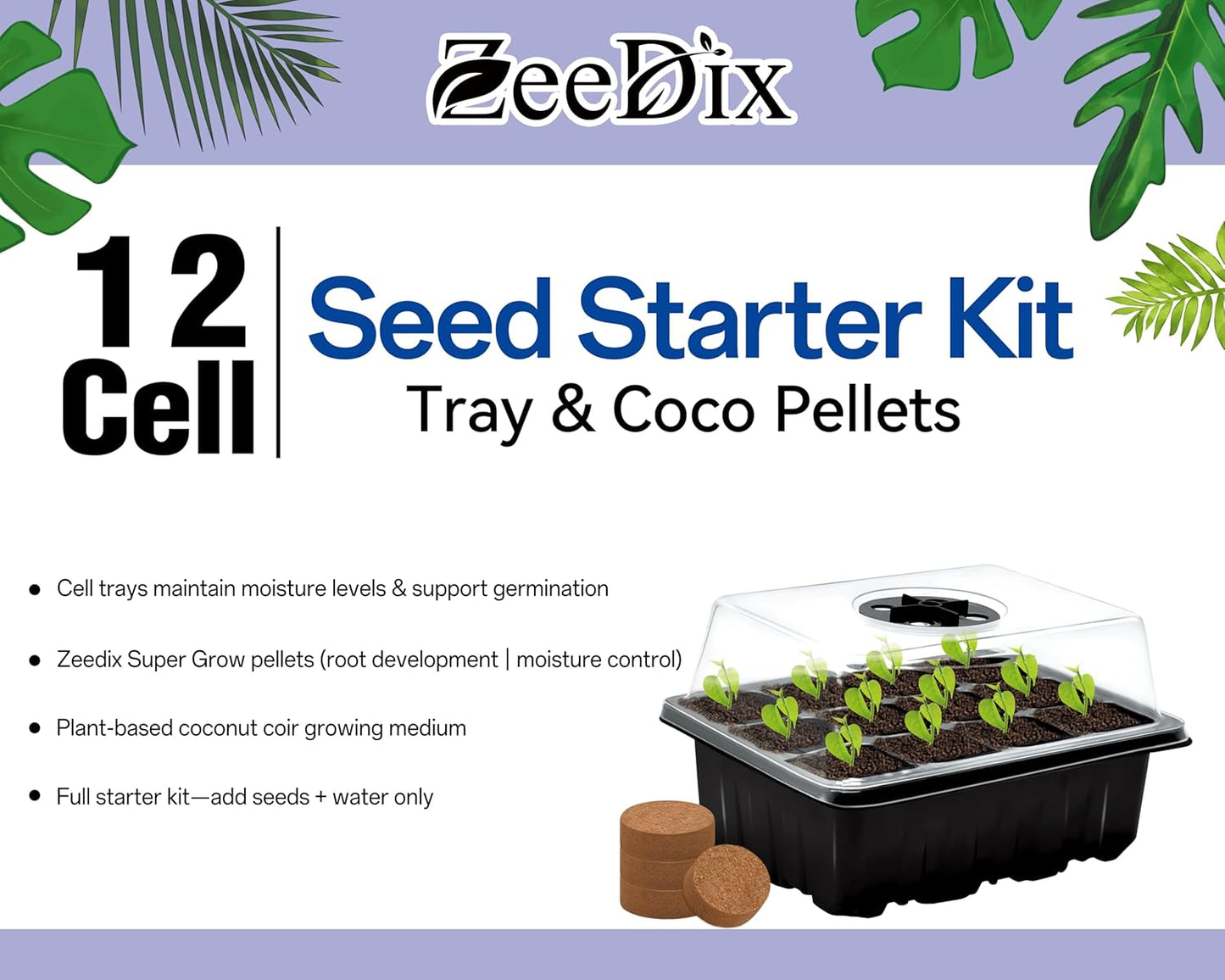 ZeeDix 6 Set Seed Starter Tray Kits, 6 Pack Seed Trays with 90 Pack Coco Coir Pellets, Adjustable Humidity Germination Tray with Dome Lids for Indoor Plants, Mini Greenhouse for Vegetables Garden