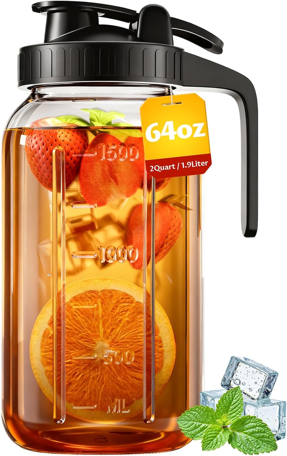 64 oz Mason Jar Pitcher – Airtight & Leakproof Glass Pitcher with Lid, Perfect for Iced Tae, Sun Tea, Cold Brew, Breastmilk, 2 Quart (1/2 Gallon) Mason Jar with Pour Spout Lid Flip-Cap & Handle