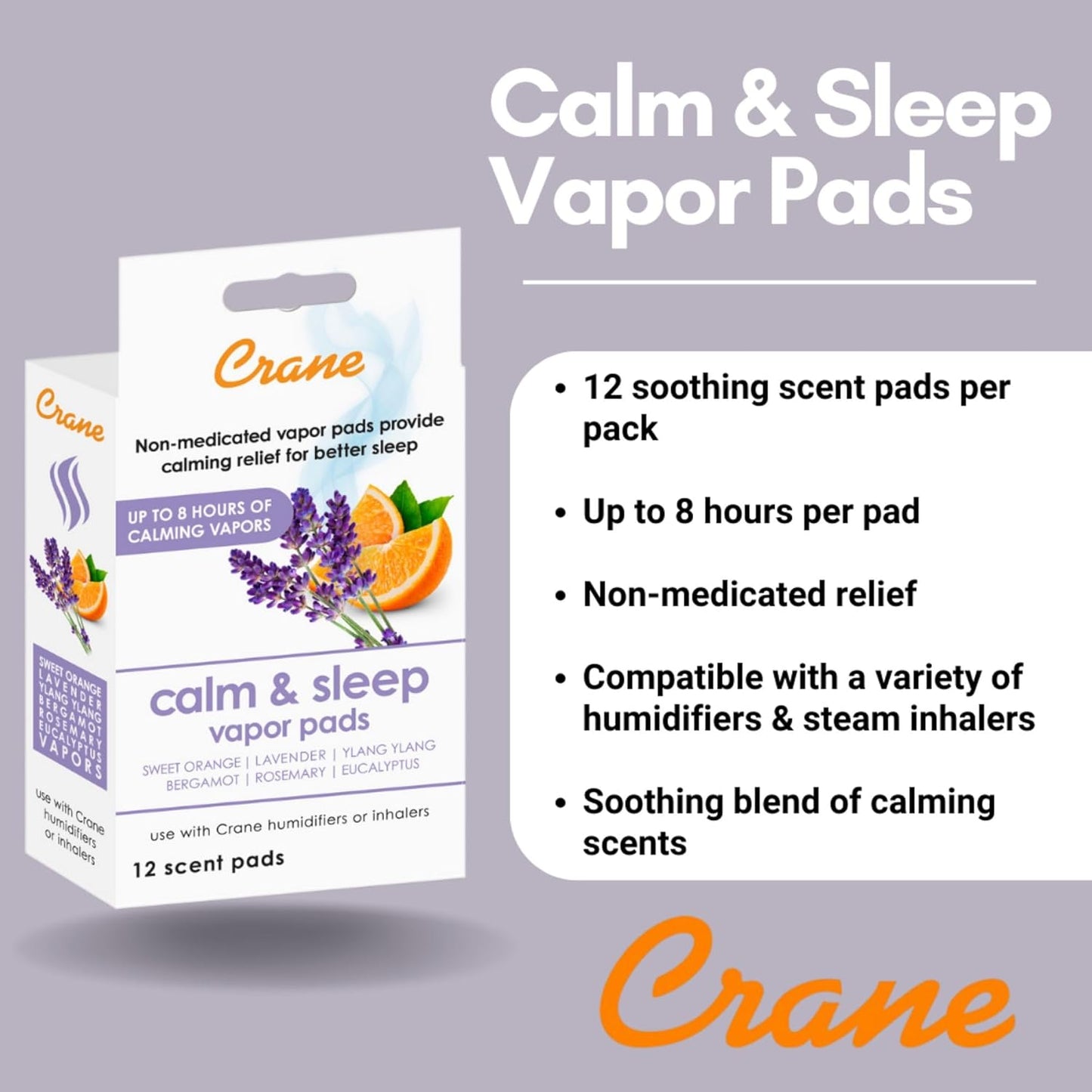 Crane Natural Lavender Orange Humidifier Pads with Calming Vapor, Universal Fit for Humidifiers and Inhalers, 12 Count