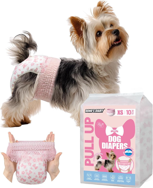 Dono Disposable Pull It Up Female Dog Diapers, 360° Stretchy Waist Puppy Diapers, Super-Absorbent Doggie Diapers with Rapid-Dry Technology Leak-Proof Design for Doggy in Heat Period, XS 10 Pcs