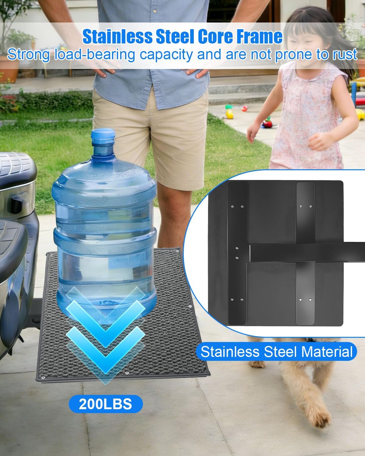 Pet Ramp Steps for Dogs Get in & Out of Car, Dog Ramp for 2-Inch Trailer Hitch, Stainless Steel with Anti-Slip Pad for Medium Large & Senior Pets, Supports 200lbs for SUVs Trucks & Vans
