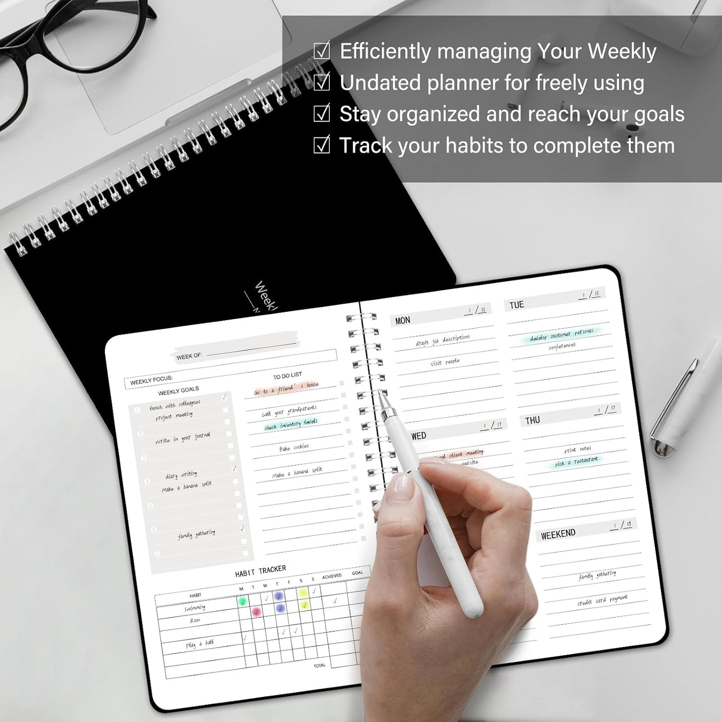 TREES Undated Weekly Planner, Weekly To Do List Notebook with Goal & Habit Tracker Organizer, A5 5.8"" x 8.0"" Weekly Planner Notebook with Spiral Binding for Men or Women, Black