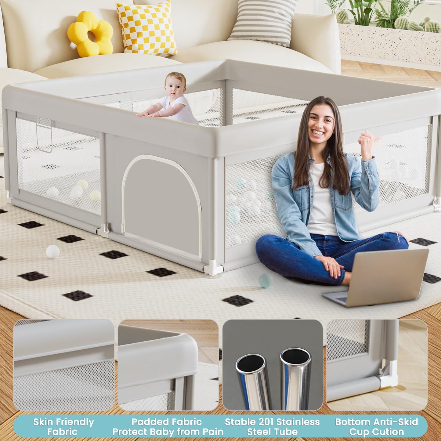 Baby Playpen 50x50 Inch, Play Pens for Babies and Toddlers Baby Fence Play Yards for Indoor & Outdoor with Breathable Mesh Anti-Fall Playpen