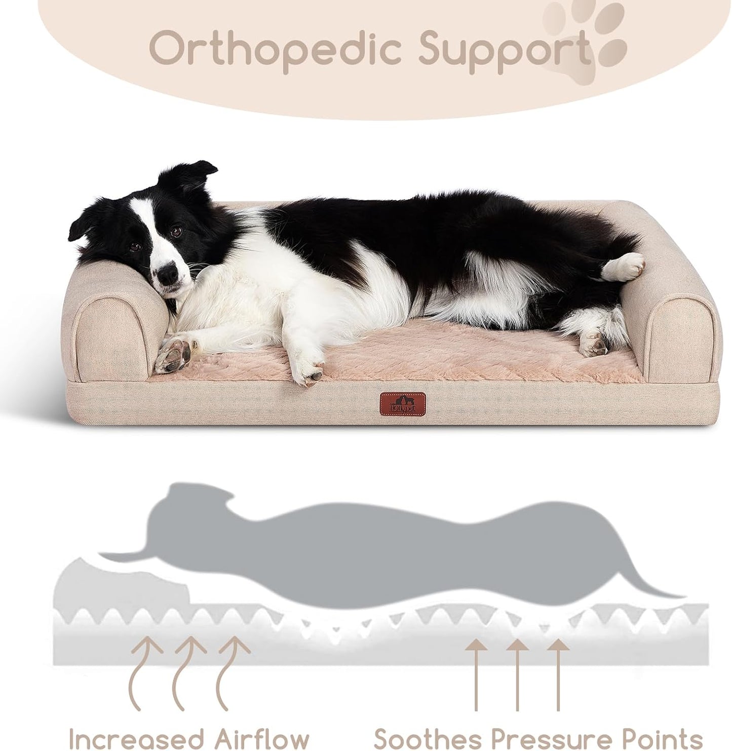 Hollypet Orthopedic Dog Bed for Large Dogs, Supportive Foam Dog Pet Couch with Removable Washable Cover and Non-Slip Bottom, Waterproof Lining Pet Sofa Bed, Khaki, L (36 * 26 * 8)