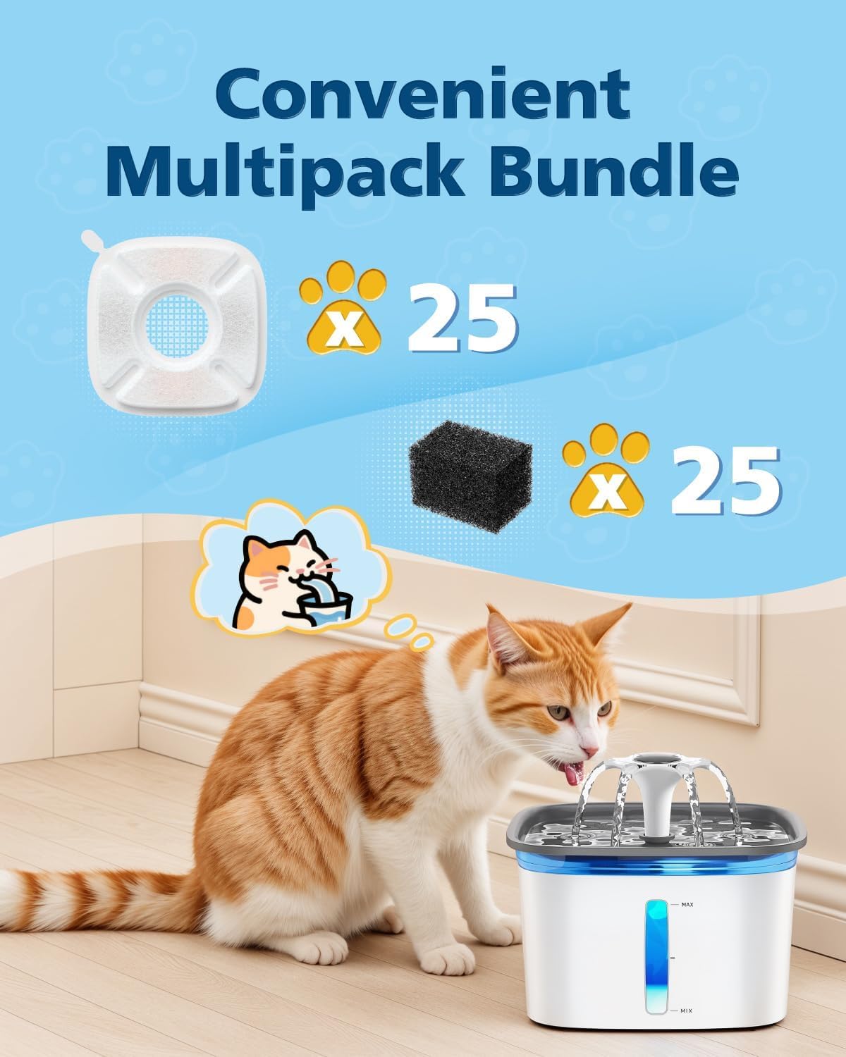 50 Pcs Cat Water Fountain Filters for Veken 95oz/2.8L, 67oz, 85oz, 135oz Dog Water Fountain Automatic Pet Fountain Dog Water Dispenser 25Pcs Pet Fountain Filter Replacement & 25Pcs Pre-Filter Sponges