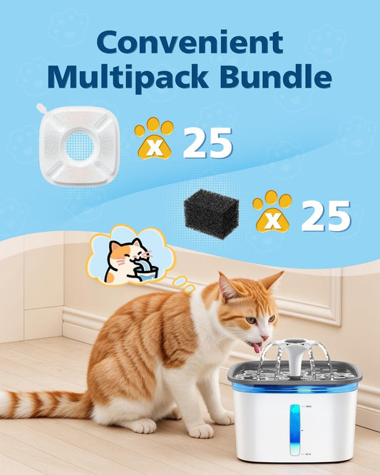 50 Pcs Cat Water Fountain Filters for Veken 95oz/2.8L, 67oz, 85oz, 135oz Dog Water Fountain Automatic Pet Fountain Dog Water Dispenser 25Pcs Pet Fountain Filter Replacement & 25Pcs Pre-Filter Sponges