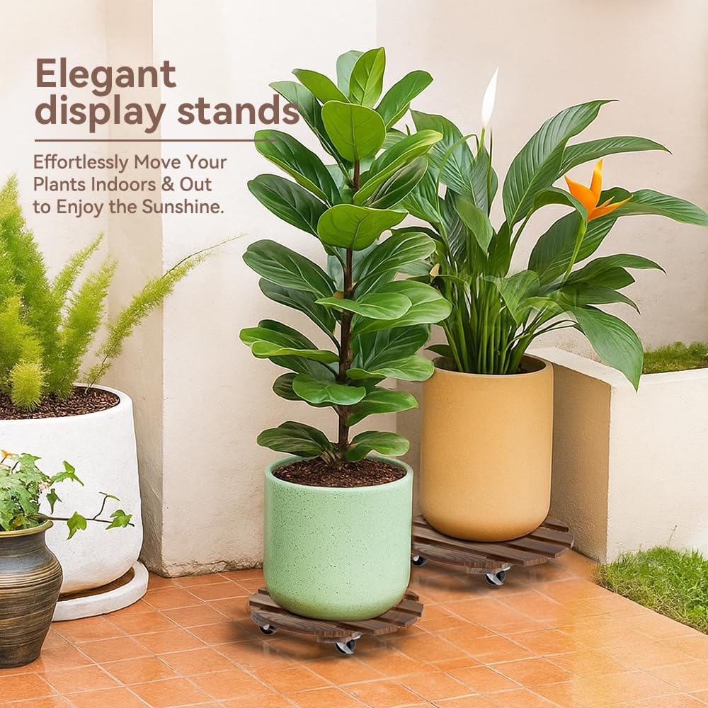 2 Pack Plant Stand Indoor and Outdoor, 12IN Premium Wooden Plant Caddy with Wheels, Heavy Duty Plant Stands with 360° Lockable Wheels, Classic Plant Cart