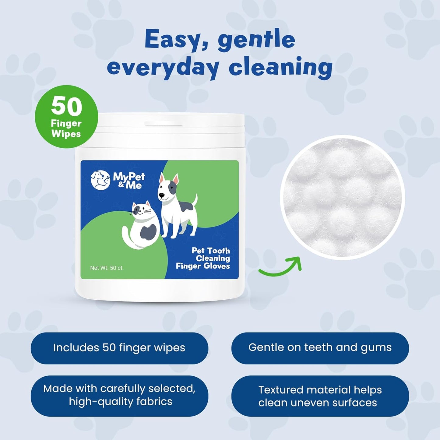 MyPet&Me Dog Dental Wipes, 50 Count - Disposable Finger Tooth Wipes for Dogs and Cats, Textured No-Rinse Cloths for Teeth and Gums, Fits Most Fingers, Travel-Friendly