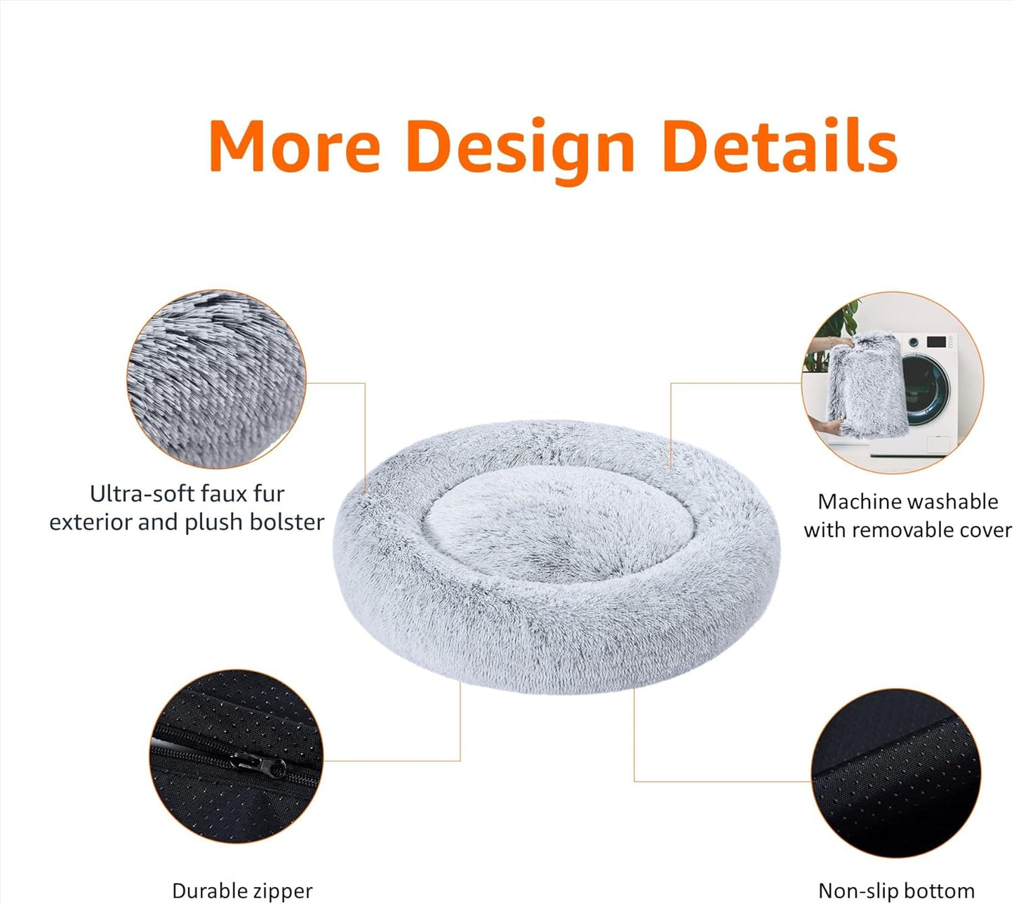 Amazon Basics Washable Donut Pet Bolster Faux Fur Bed with Removable Cover, Anti-Slip Bottom for Dog, Grey, 23" x 23"