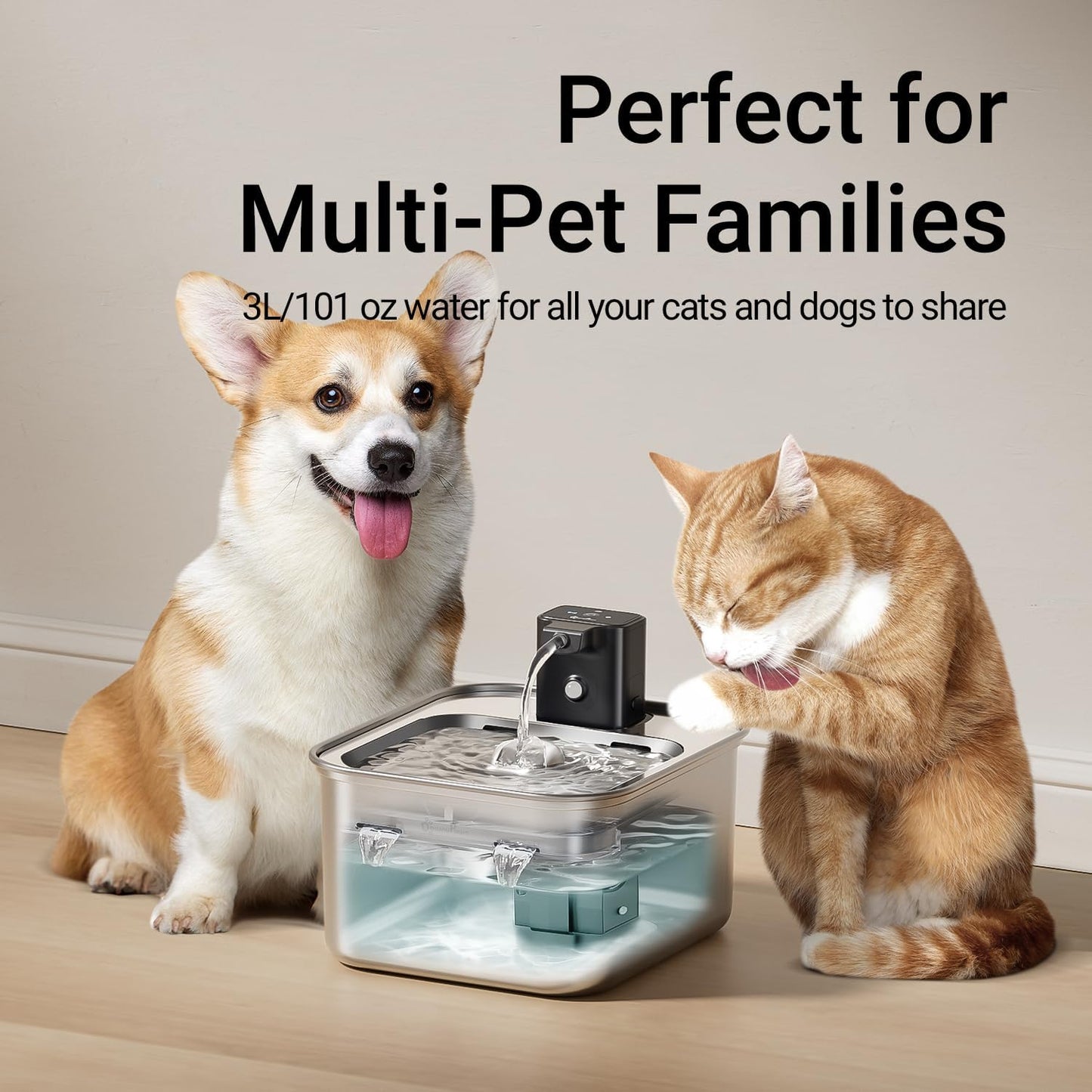 DownyPaws Cat Water Fountain Stainless Steel Wireless, 101 oz/3L FurSink Cordless Water Fountain for Cats, Battery Operated Cat Fountains for Drinking with Motion Sensor, Easy Clean, Metal